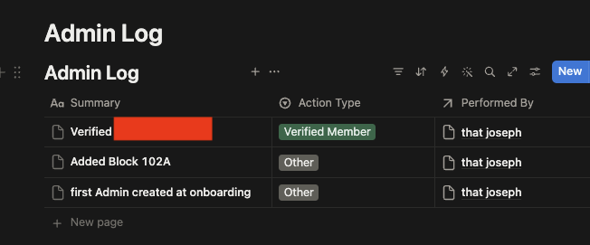 The Admin Log database with a new Verified Member row at the top