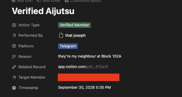 The Verified Member row opened, showing who performed it, the platform, the reason given, and the member it applies to