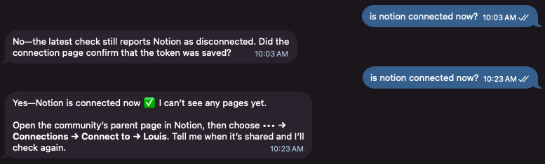 NanoClaw bot Notion success message