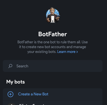 The BotFather mini app, with Create a New Bot