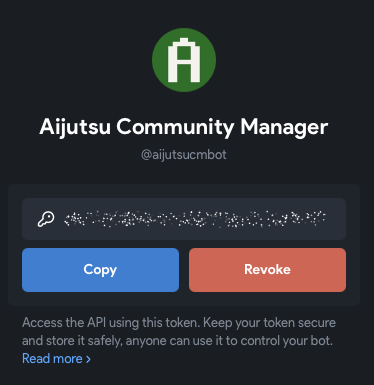 Your bot's page in the mini app, with the Copy button
