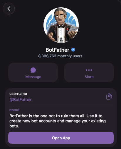 BotFather's profile, with the Open App button