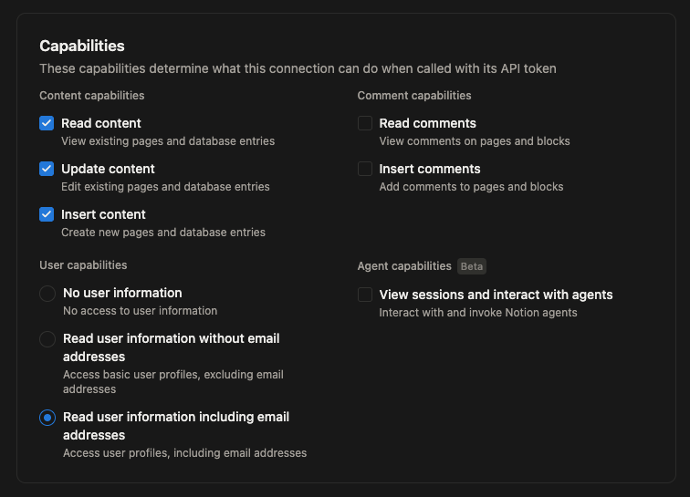 Capabilities section of the Connection