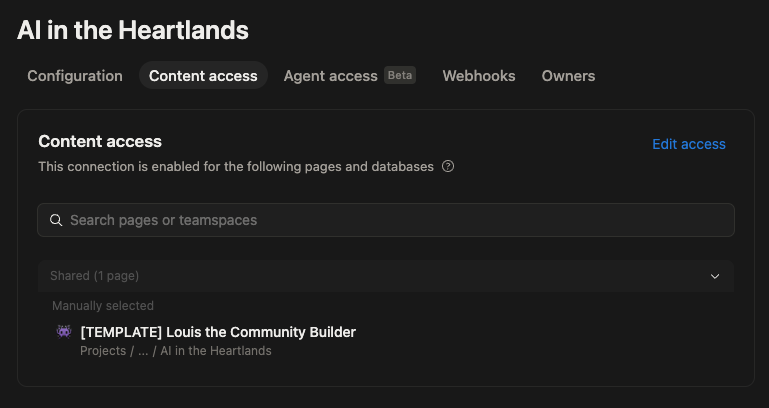 Content access page after adding the Louis template