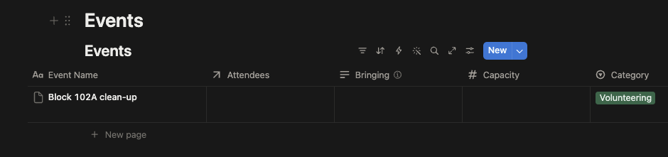 The Events database in Notion with a new Block 102A clean-up row, in the Volunteering category