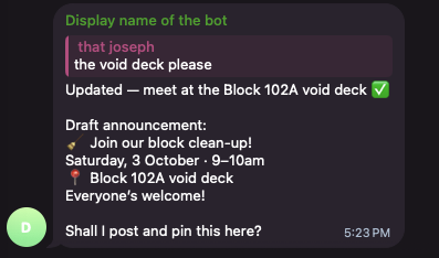 Louis confirming the void deck as the place, showing a draft announcement, and asking whether to post and pin it