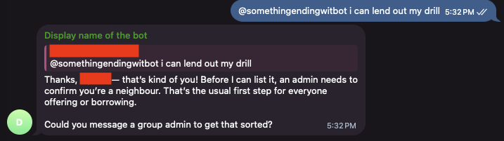Louis thanking the new member for offering a drill, and asking them to get an admin to verify them first