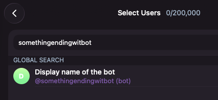Searching for the bot by username while creating the group