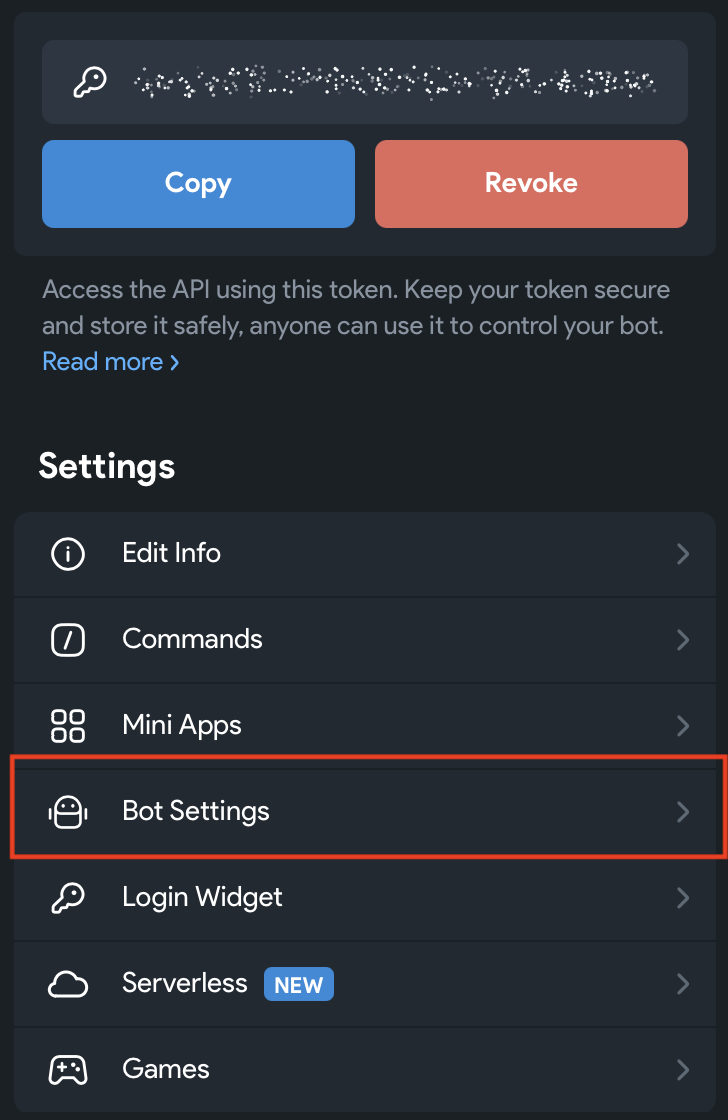 Telegram bot settings page