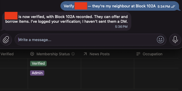 The private chat where Louis confirms the member is verified, above the Members database showing their Membership Status as Verified